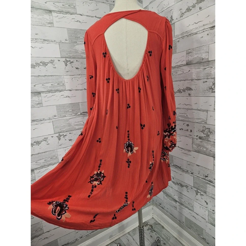 Free People Womens Xsmall Oxford Red Embroidered Floral Mini Dress